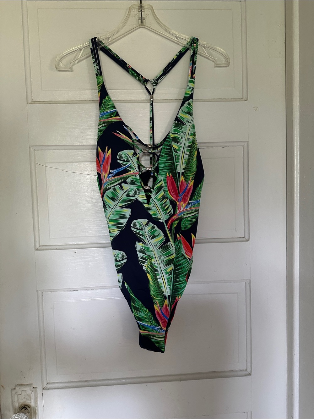Tropical Leaf One-Piece Swimsuit - Black with Green & Pink